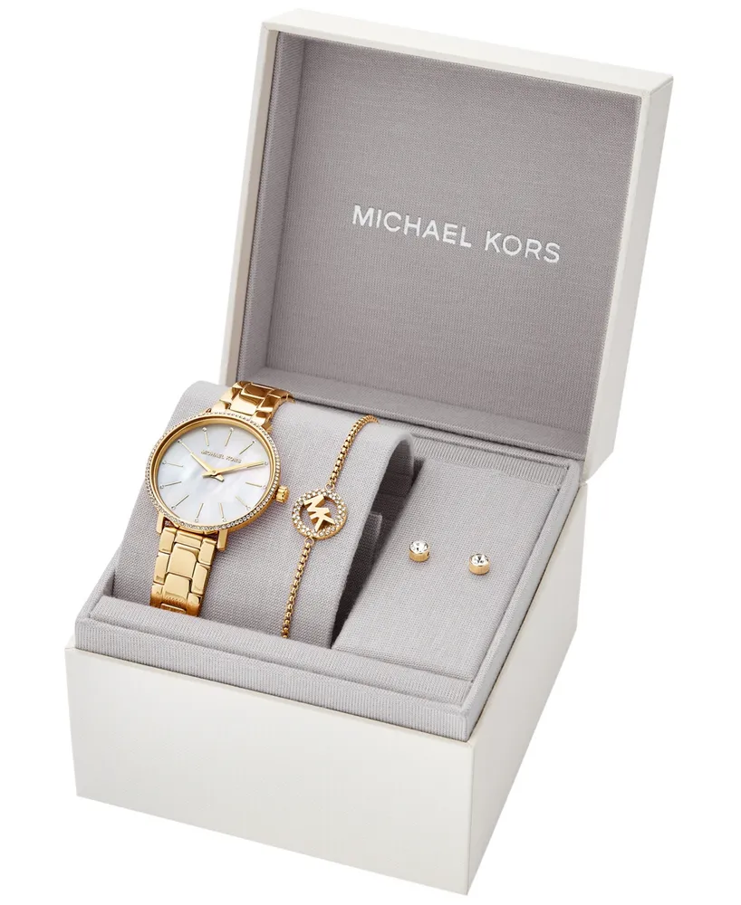 Michael Kors Women's Pyper Two-Hand Gold-Tone Stainless Steel Bracelet Watch 32mm and Earrings Set, 3 Pieces - Gold