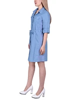 Petite 3/4 Roll Tab Sleeve Denim Dress