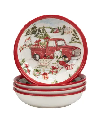 Certified International Red Truck Snowman 4 Piece Soup Bowl Set