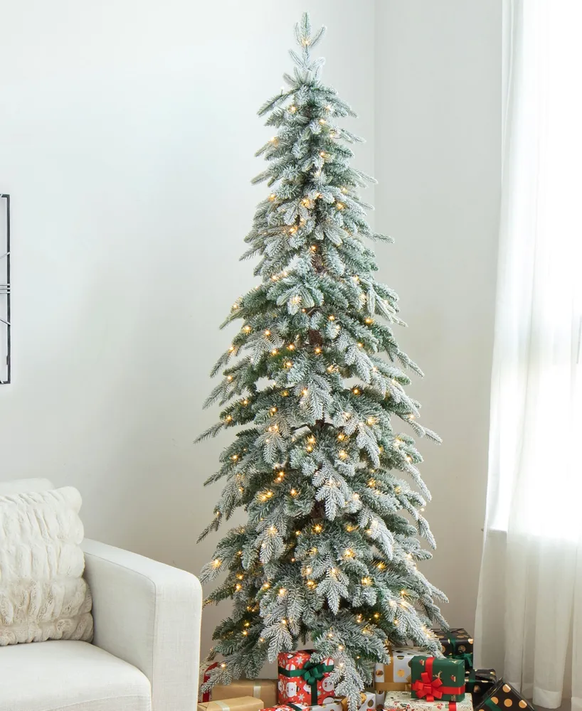 Glitzhome 7.5' Pre-Lit Flocked Pencil Spruce Artificial Christmas Tree with 350 Warm White Lights