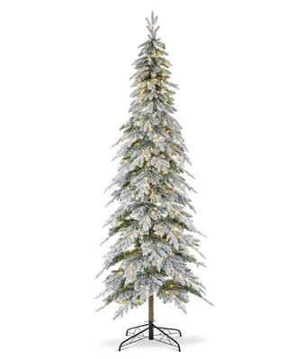Glitzhome 9' Pre-Lit Flocked Pencil Spruce Artificial Christmas Tree with 470 Warm White Lights