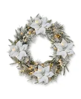 Glitzhome 24" Pre-Lit Snow Flocked Greenery Pine Poinsettia Christmas Wreath with 50 Warm White Lights