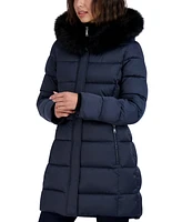 Tahari Womens Velvet Bibbed Faux-Fur Hooded Puffer Coat