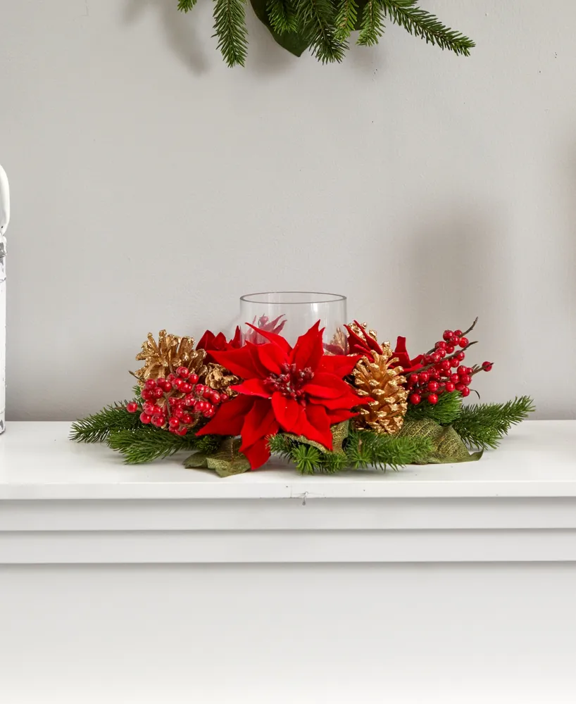 Nearly Natural Poinsettia, Berry and Golden Pine Cone Candelabrum Artificial Arrangement