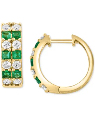 Effy Emerald (7/8 ct. t.w.) & Diamond (5/8 ct. t.w.) Double Row Small Hoop Earrings in 14k Gold, 0.64"