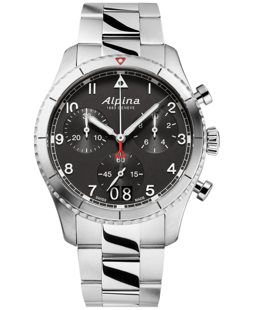 Alpina Men's Swiss Chronograph Startimer Pilot Stainless Steel Bracelet Watch 44mm - Silver