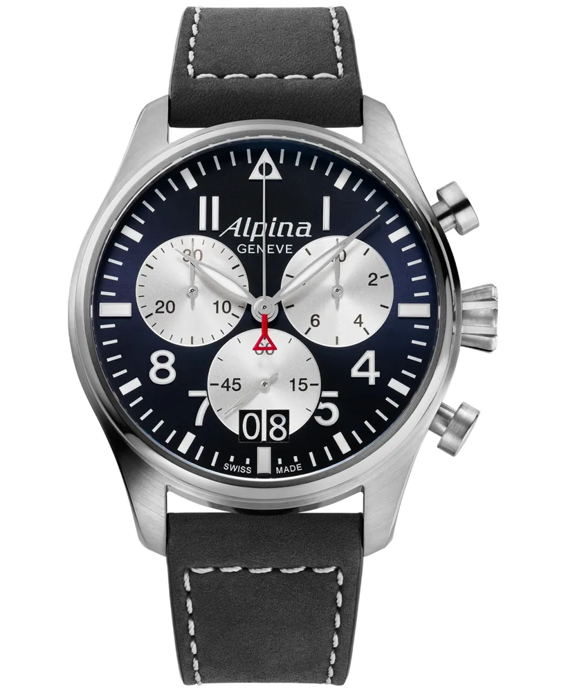 Alpina Men's Swiss Chronograph Startimer Pilot Black Leather Strap Watch 44mm