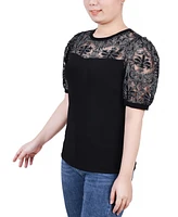 Petite Size Puff Lace-Sleeve Top