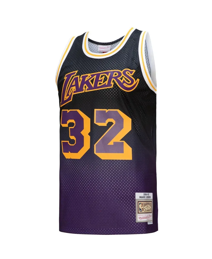 Men's Mitchell & Ness Magic Johnson Purple and Black Los Angeles Lakers 1984/85 Hardwood Classics Fadeaway Swingman Player Jersey