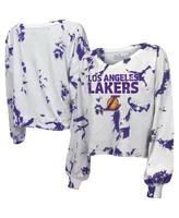 Women's Majestic Threads White Los Angeles Lakers Aquarius Tie-Dye Cropped V-Neck Long Sleeve T-shirt