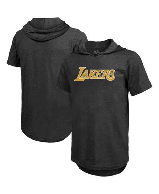 Men's Majestic Threads Heathered Black Los Angeles Lakers Wordmark Tri-Blend Hoodie T-shirt