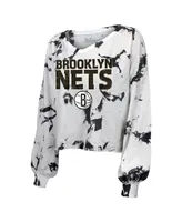 Women's Majestic Threads White and Black Brooklyn Nets Aquarius Tie-Dye Cropped V-Neck Long Sleeve T-shirt