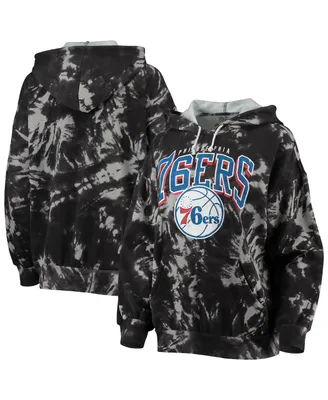 Women's Majestic Threads Black Philadelphia 76ers Burble Tie-Dye Tri-Blend Pullover Hoodie