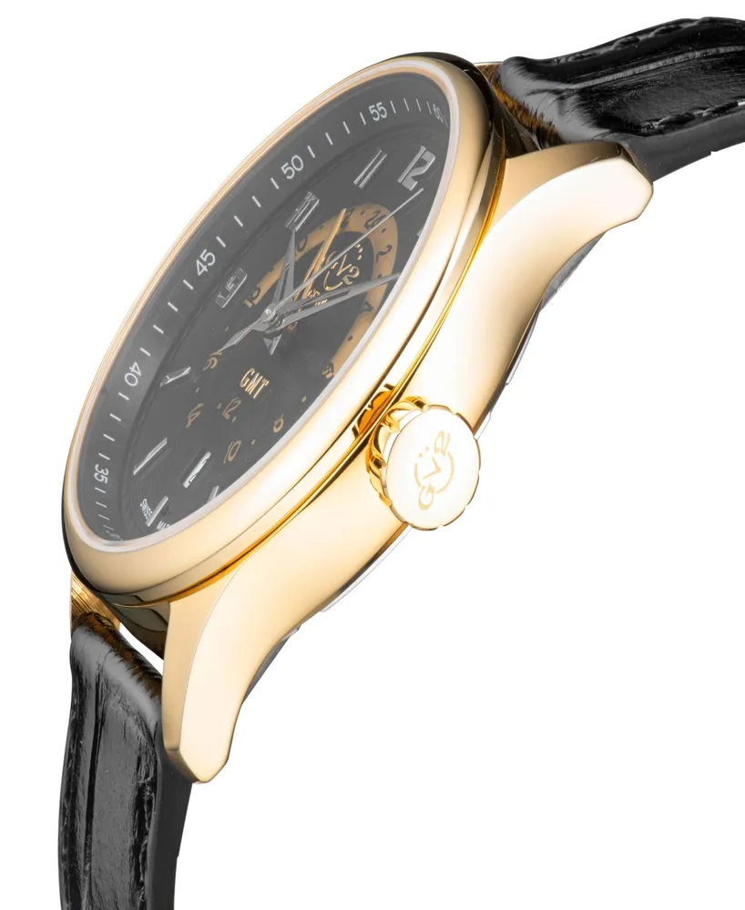 Gevril Men's Giromondo Swiss Quartz Black Genuine Leather Strap Watch 42mm - Gold