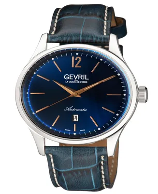 Gevril Men's Five Points Swiss Automatic Italian Blue Leather Strap Watch 43mm - Silver