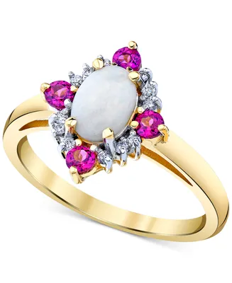 Multi-Gemstone (7/8 ct. t.w.) & Diamond (1/10 ct. t.w.) Halo Ring in 10k Gold