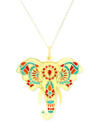 Enamel Hand-Painted Elephant 18" Pendant Necklace in 14k Gold