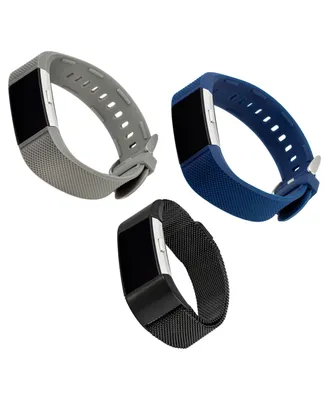 WITHit Gray and Blue Woven Silicone Band, Black Stainless Steel Mesh Band Set, 3 Piece Compatible with the Fitbit Charge 2