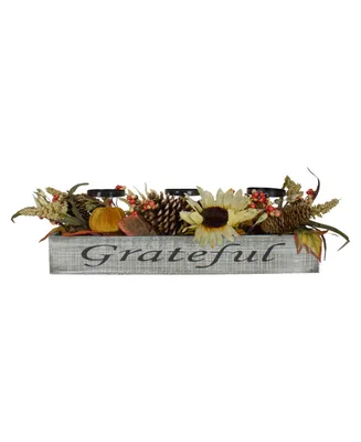 Autumn Harvest Sunflower 3 Piece Candle Holder in a "Grateful" Rustic Wooden Box Centerpiece Set, 30"