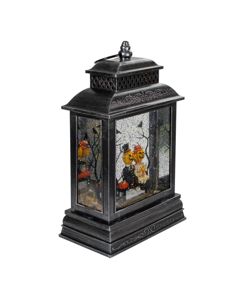 Lighted Black Halloween Snow Globe Lantern with Pumpkin Couple, 11.5"