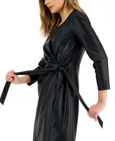 Anne Klein Women's Faux-Leather Classic Faux-Wrap Dress