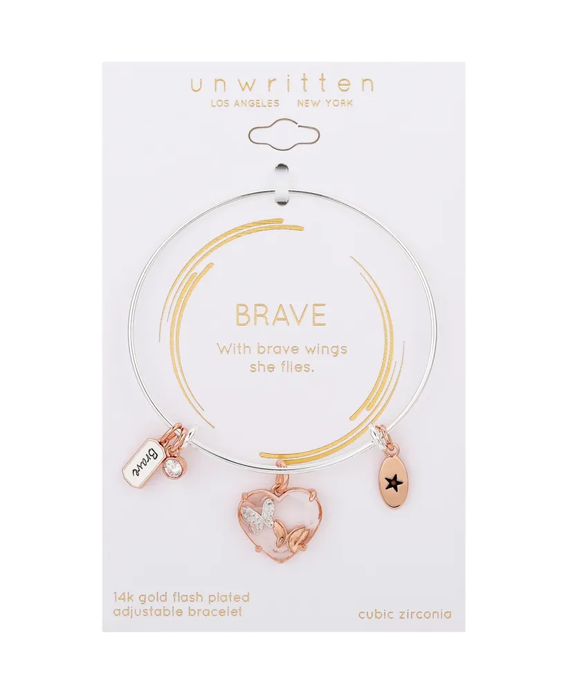 Unwritten Cubic Zirconia "Brave" Butterfly Charm Bangle - Rose Gold-Plated,Two