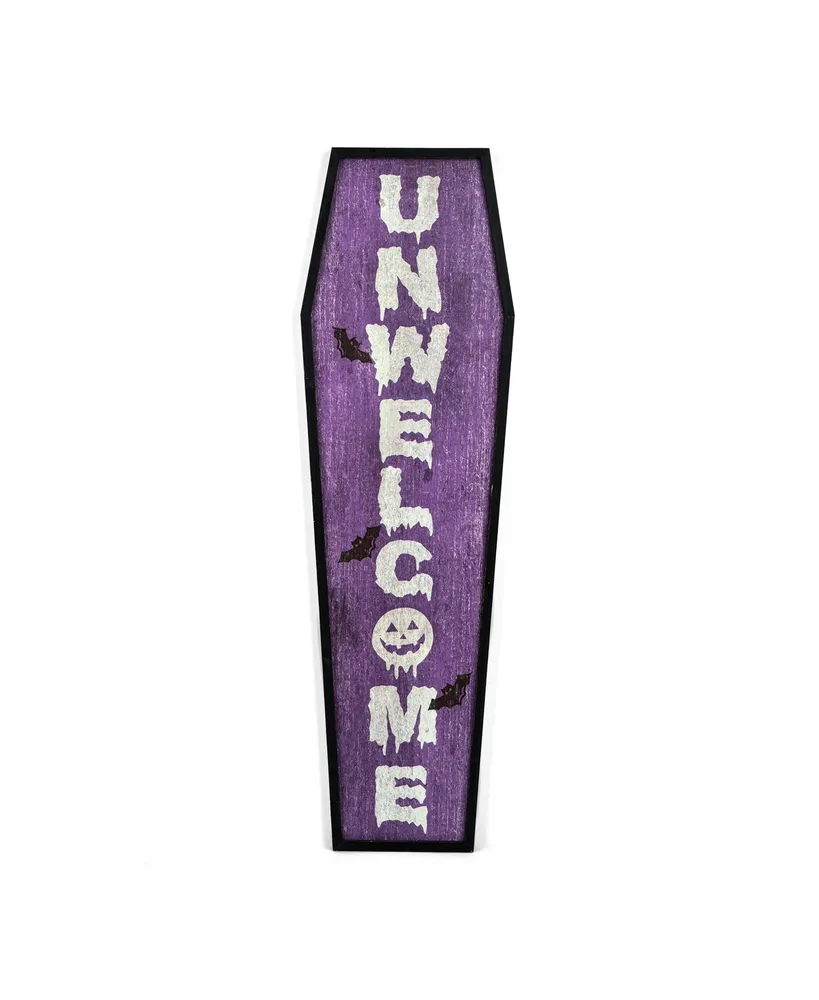 National Tree Company 39" Hanging Porch Sign, Purple, 'Unwelcome', Wooden Construction, Halloween Collection