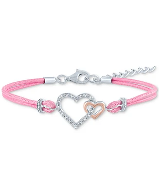 Diamond Accent Double Heart Pink Cord Bracelet in Sterling Silver & 14k Rose Gold-Plate