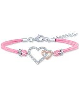 Diamond Accent Double Heart Pink Cord Bracelet in Sterling Silver & 14k Rose Gold-Plate