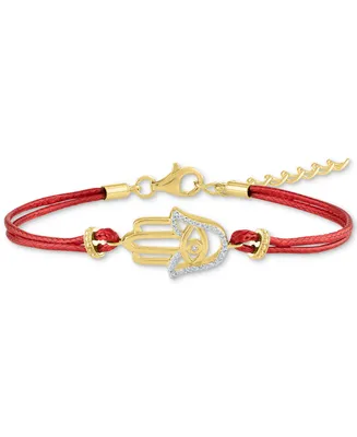 Diamond Accent Hamsa Hand Red Cord Bracelet in Sterling Silver or 14k Gold-Plated Sterling Silver - Gold