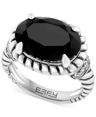 Effy Onyx & White Topaz (1/5 ct. t.w.) Oval Rope Framed Ring in Sterling Silver