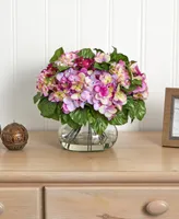 Nearly Natural Dark Pink Hydrangea Artificial Arrangement with Large Glass Vase