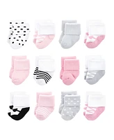 Luvable Friends Baby Girls Newborn Terry Socks, Pink Black Ballet 12-Pack