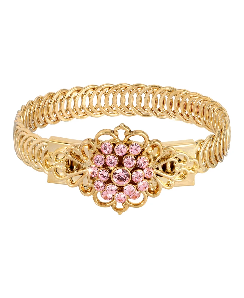 2028 14K Gold-tone Pink Flower Overlay Belt Bracelet