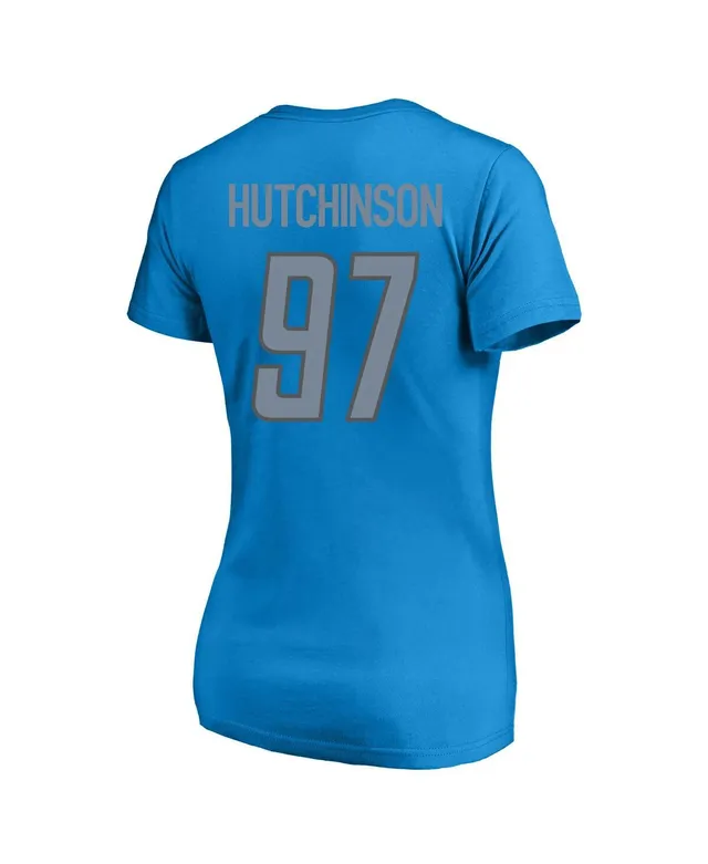 Women's Majestic Threads Aidan Hutchinson Blue/White Detroit Lions Dip-Dye  Player Name & Number Crop Top