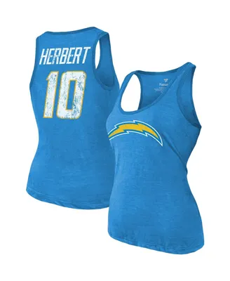 Women's Majestic Threads Justin Herbert Heathered Powder Blue Los Angeles Chargers Name & Number Tri-Blend Tank Top
