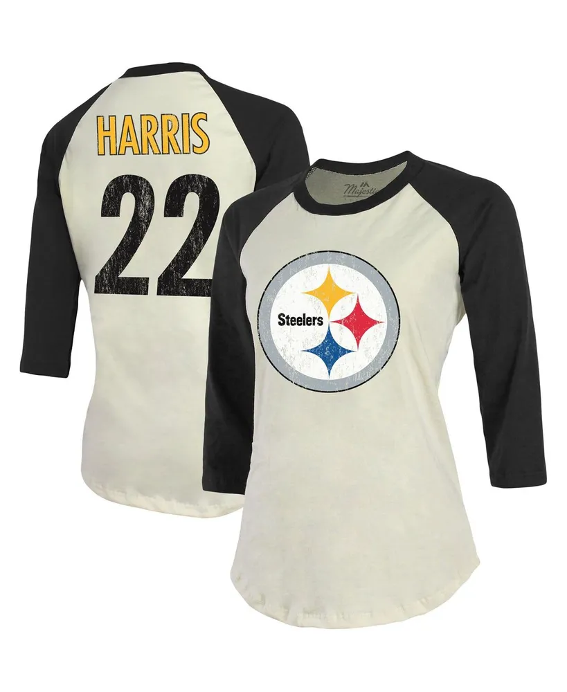 Women's Majestic Threads Najee Harris Cream, Black Pittsburgh Steelers Player Name and Number Raglan 3/4-Sleeve T-shirt