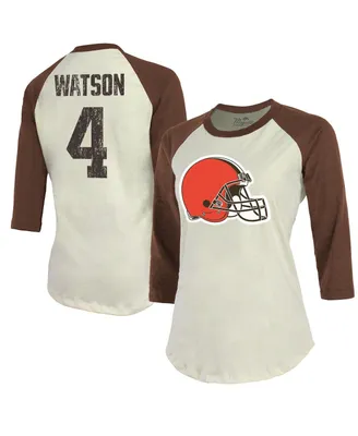 Women's Majestic Threads Deshaun Watson Cream, Brown Cleveland Browns Name & Number Raglan 3/4 Sleeve T-shirt