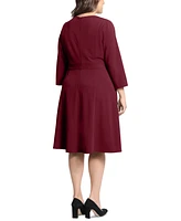 London Times Plus 3/4-Sleeve Tab-Waist Fit & Flare Dress