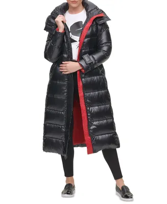 Karl Lagerfeld Paris Women's Belted Hooded Down Puffer Coat