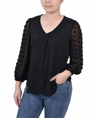 Ny Collection Petite V-neck Blouse with 3/4 Jacquard Chiffon Sleeves