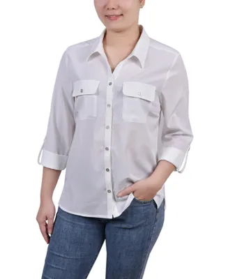 Ny Collection Petite 3/4 Roll Tab Blouse with Pockets
