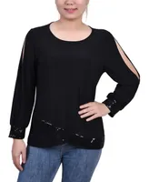 Ny Collection Petite Long Sleeve Knit Top with Sequin Hem