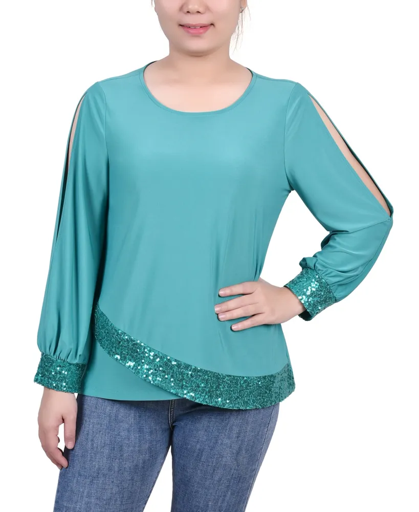 Ny Collection Petite Long Sleeve Knit Top with Sequin Hem