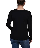 Ny Collection Petite Long Sleeve Studded Colorblocked Split Neck Top