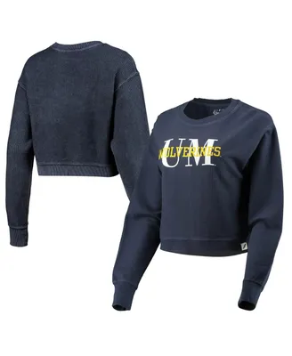 Women's League Collegiate Wear Navy Michigan Wolverines Classic Corded Timber Crop Pullover Sweatshirt