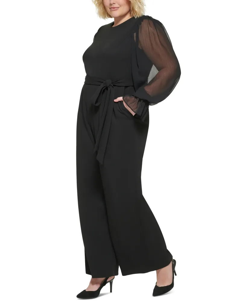 Calvin Klein Plus Size Sheer-Sleeve Wide-Leg Jumpsuit