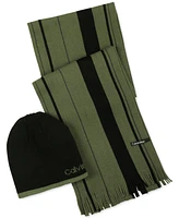 Calvin Klein Men's Reversible Beanie & Striped Scarf Set