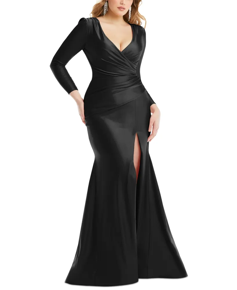 Cynthia & Sahar Women's Long Sleeve Draped Wrap Stretch Satin Mermaid Dress with Slight Train