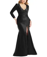Cynthia & Sahar Women's Long Sleeve Draped Wrap Stretch Satin Mermaid Dress with Slight Train